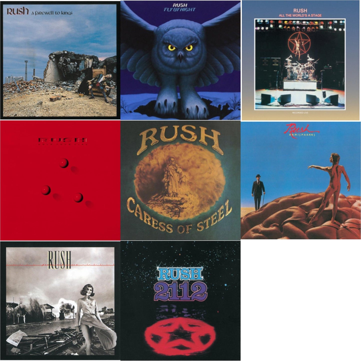 Rush - Farewell To Kings (180G) & Fly By Night (180G) & All The World's A Stage (180G) & Hold Your Fire (180G) & Caress Of Steel (180G/Dl Card) & Hemispheres (180G) & Permanent Waves (180G) & 2112 (180G) - LP Vinyl Bundle