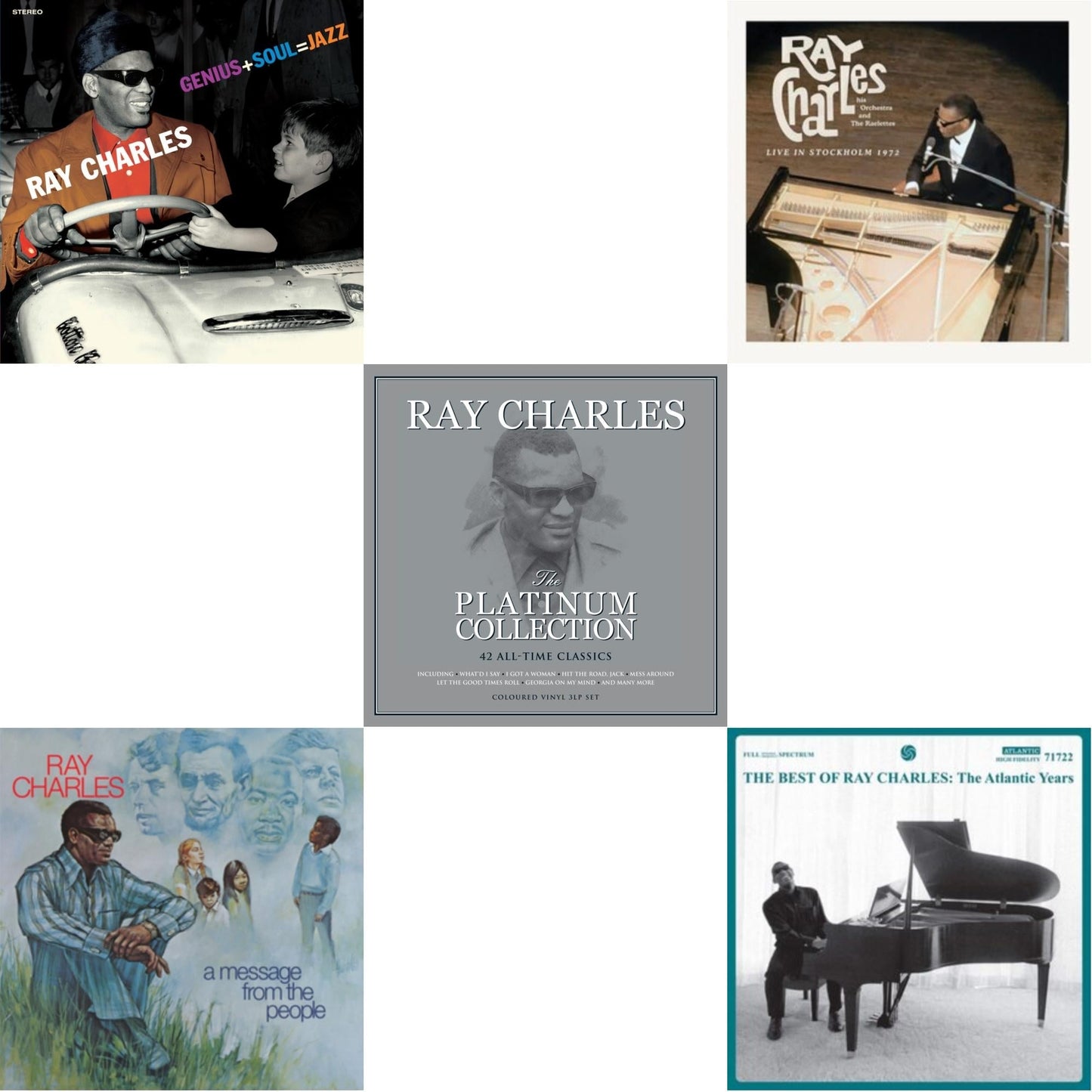 Ray Charles - Genius + Soul = Jazz (Orange LP Vinyl) & Message From The People (140G) & Platinum Collection (White LP Vinyl) & Live In Stockholm 1972 (140G) & Best Of Ray Charles: The Atlantic Years (2LP/White Vinyl)