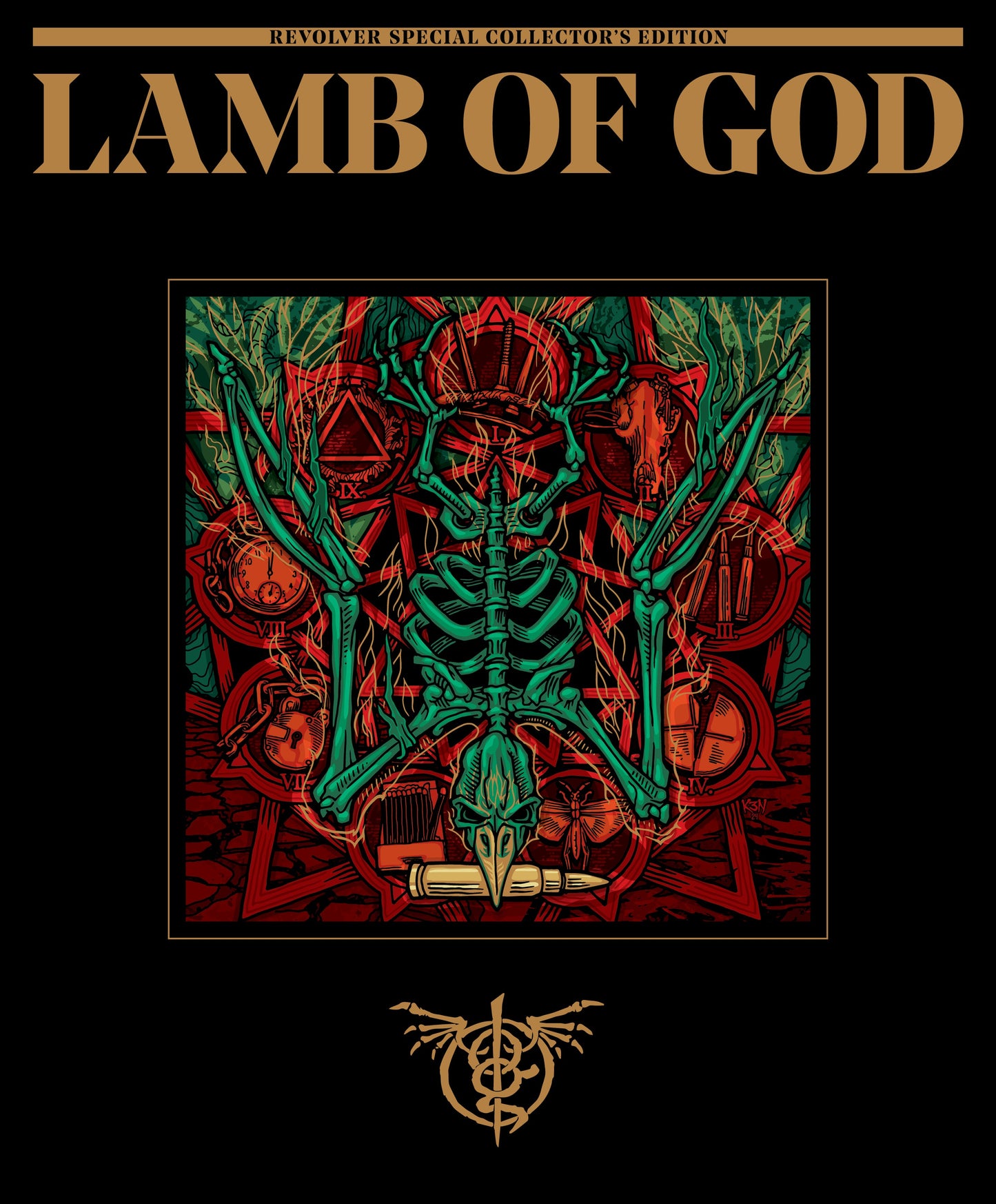 Album cover for Lamb of God with a central skeleton illustration on a black background
