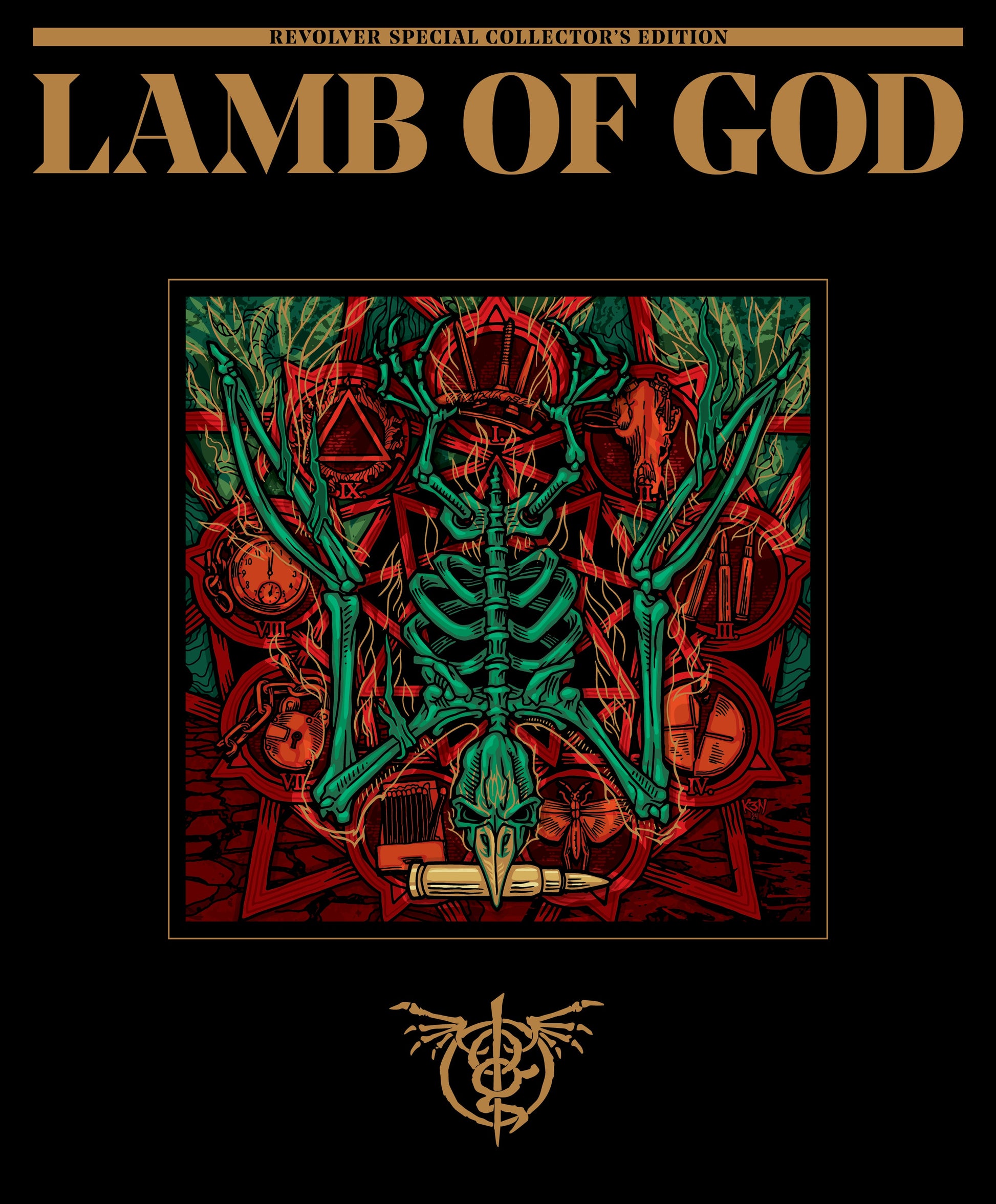Album cover for Lamb of God with a central skeleton illustration on a black background