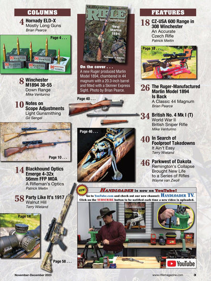 Rifle November 2023 - The Sporting Firearms Journal: Featuring The Ruger-Manufactured Marlin Model 1894, Notes On Scope Adjustments, CZ-USA 600 Range 308 Winchester & More