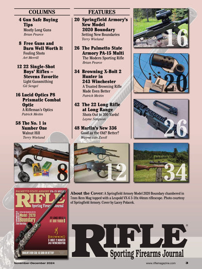 Rifle - November 2024: Palmetto State Armory PA-15 Multi, New Model 2020 Boundary, 22 Long Rifle At 300 Yards, Marlin's New 336: As Good Or Better?, X-Bolt 2 Hunter 243 Winchester & More!