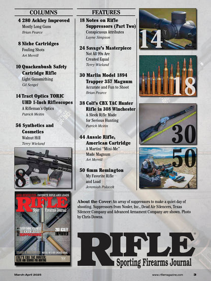Rifle - March 2025: Everything You Need To Know About Suppressors Pt 2, 6MM Remington, Favorite Rifle & Loads, 280 Ackley Improved, Colt’s CBX TAC Hunter, Marlin Model 1894 Trapper 357 Magnum & More!