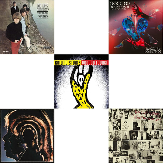 Rolling Stones - Big Hits (High Tide Green Grass LP Vinyl) & Hot Rocks 1964-1971 (2LP) & Voodoo Lounge (30Th Anniversary) (Red/Yellow Vinyl/2LP) & Hackney Diamonds (1 Year Anniversary/Clear/Blue Splatter Vinyl/2LP) & Exile On Main Street (2LP)