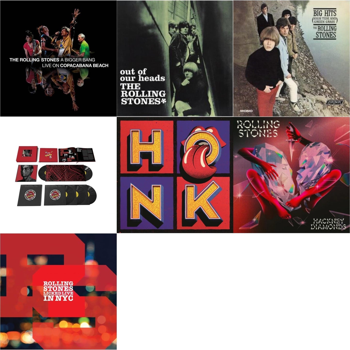 Rolling Stones - Out Of Our Heads (Uk) & Big Hits (High Tide Green Grass LP Vinyl) & Bigger Bang Live On Copacabana Beach (Multi Color Vinyl/3LP) & Tattoo You (2021 Remaster/5LP Box Set) & Licked Live In Nyc (White Vinyl/3LP) & Hackney Diamonds &