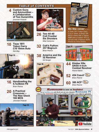 Rifle Special Edition - Fall 2024: Custom Guns & Ammunitions, Tisas 1911 Yukon Carry C10 In 10mm, The New Glock 19X MOS, Handloading The 5.7x28mm FN, Two 44-40 Colt Frontier Six Shooters & More!