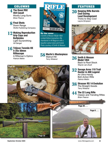 Rifle - September 2024: Keeping Rifle Barrels Cool During Load Development, Smith & Wesson Model 1854, Savage Arms 110 Trail Hunter In 400 Legend, Strasser RS 14 Evolution, The 22 Long Rifle & More!