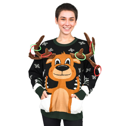 Funny Unisex Reindeer Ring Toss 3D Ugly Christmas Sweater