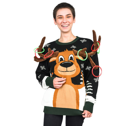 Funny Unisex Reindeer Ring Toss 3D Ugly Christmas Sweater
