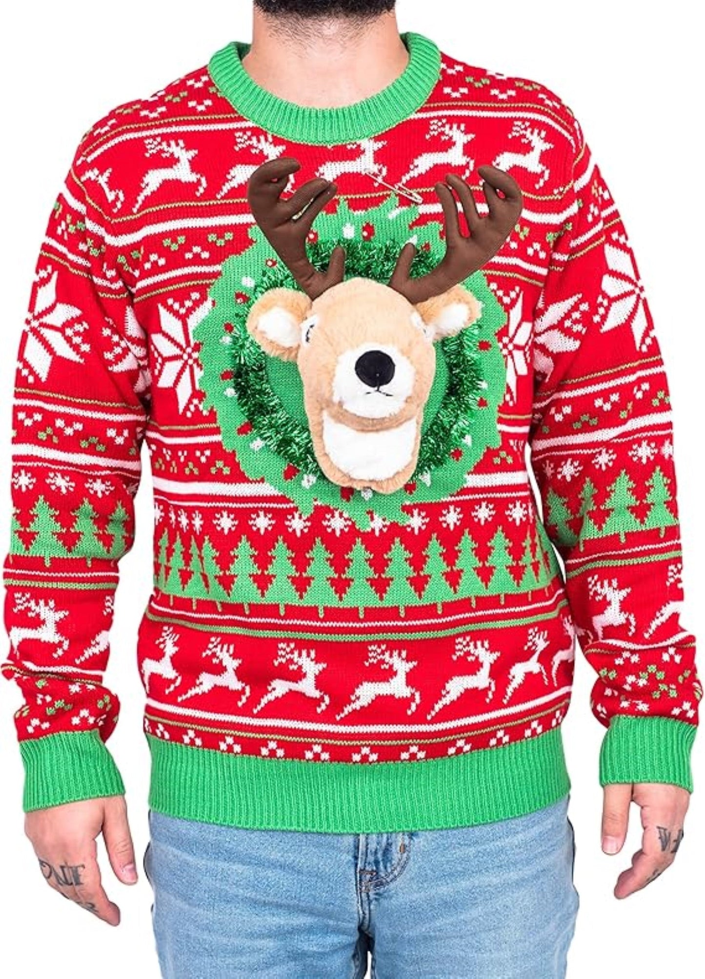 Reindeer Trophy Head 3D LED Lights Adult Unisex Ugly Christmas Sweater
