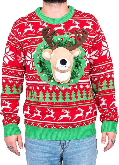 Reindeer Trophy Head 3D LED Lights Adult Unisex Ugly Christmas Sweater