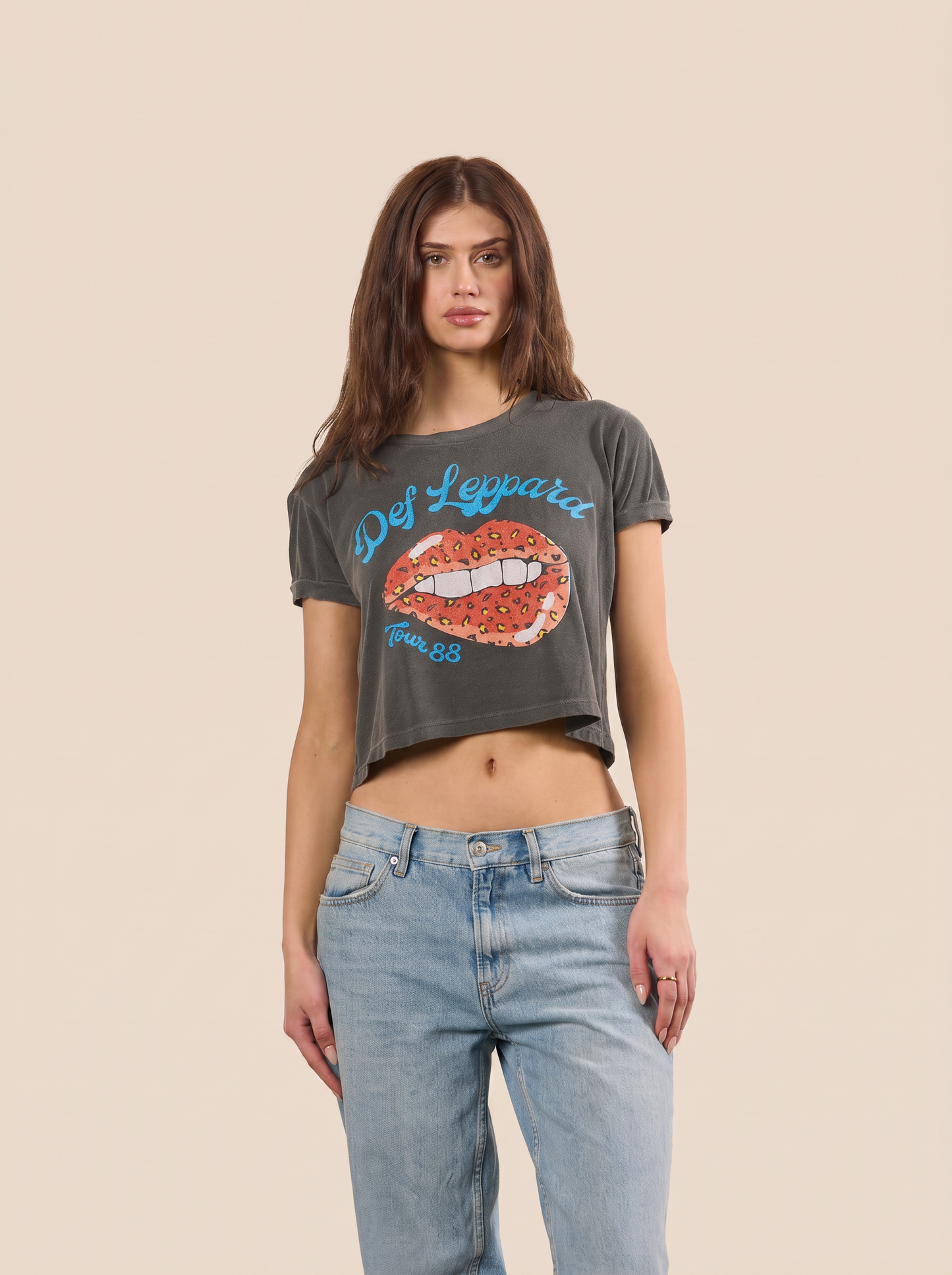 Def Leppard Tour of 1988 Cropped Tee Womens T Shirt Grey Officially Licensed