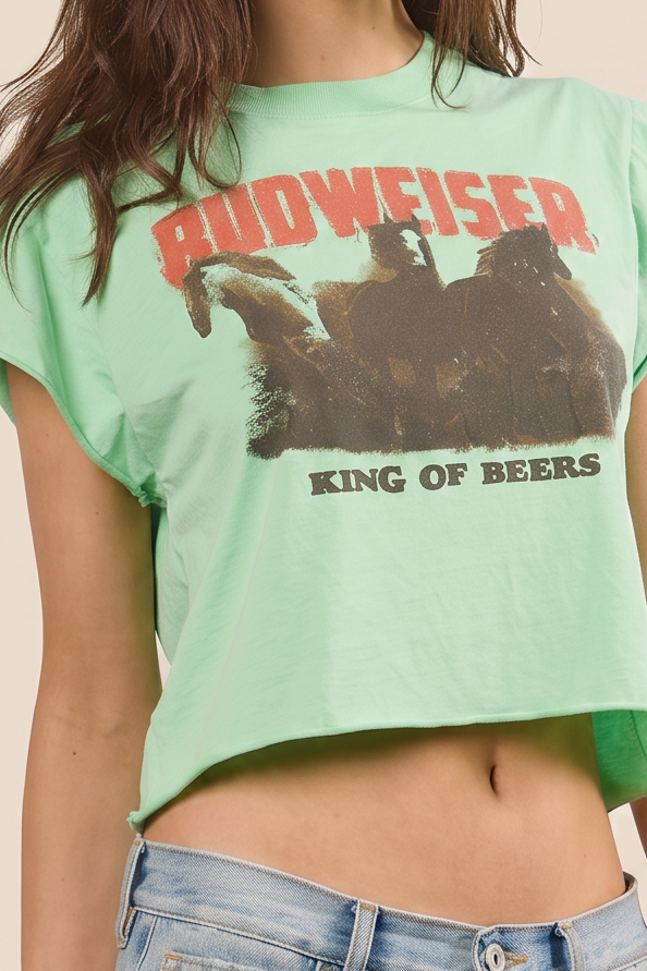 Budweiser King Of Beers Brew Babe Crop Top Womens T Shirt Mint Green Officially Licensed