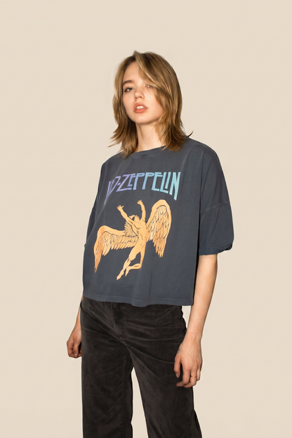 Led Zeppelin Swan Cropped Tee Womens T Shirt Navy Blue Officially Licensed