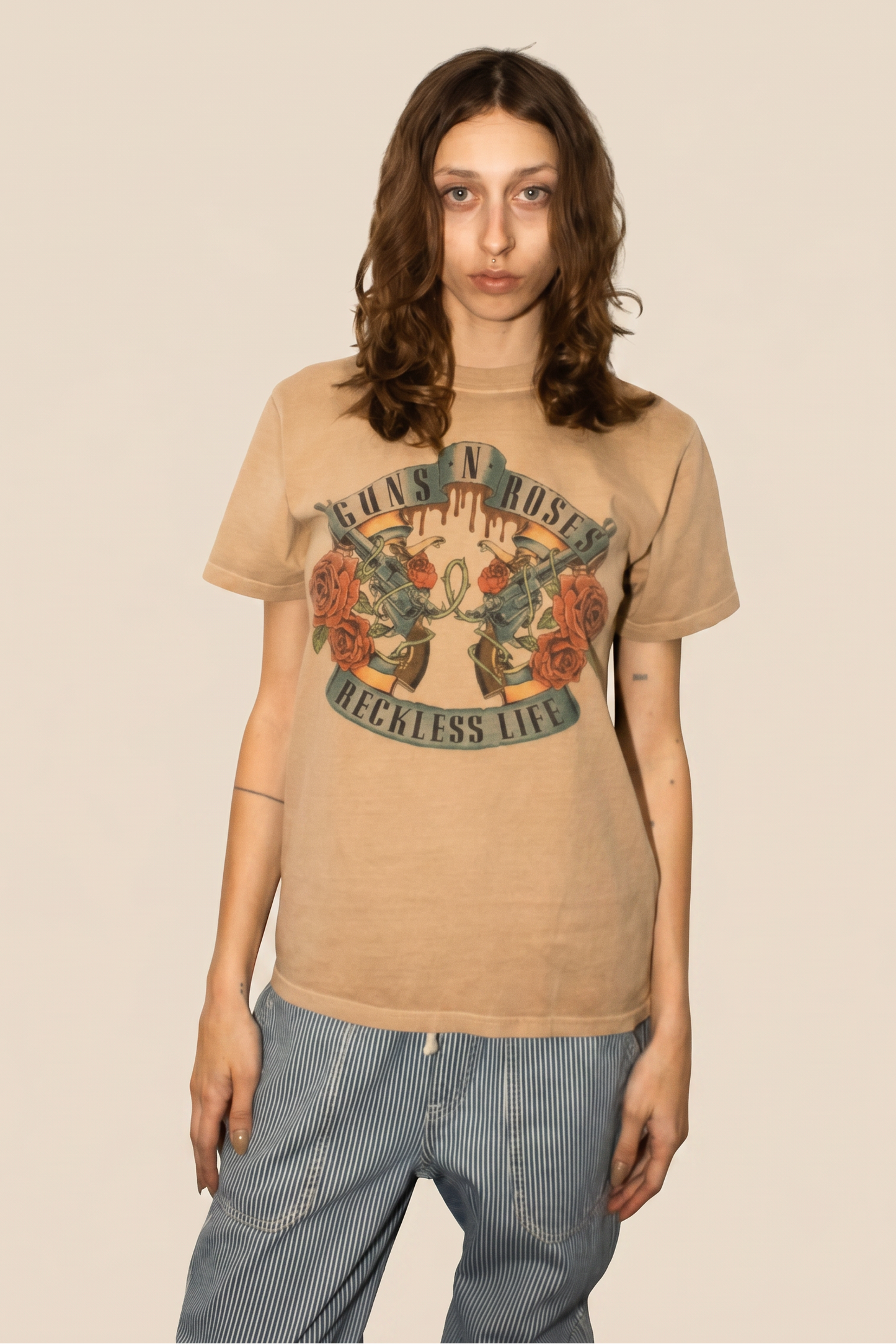 Guns N Roses Reckless Tee Womens T Shirt Tan Officially Licensed
