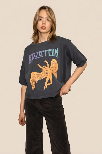 Led Zeppelin Swan Cropped Tee Womens T Shirt Navy Blue Officially Licensed