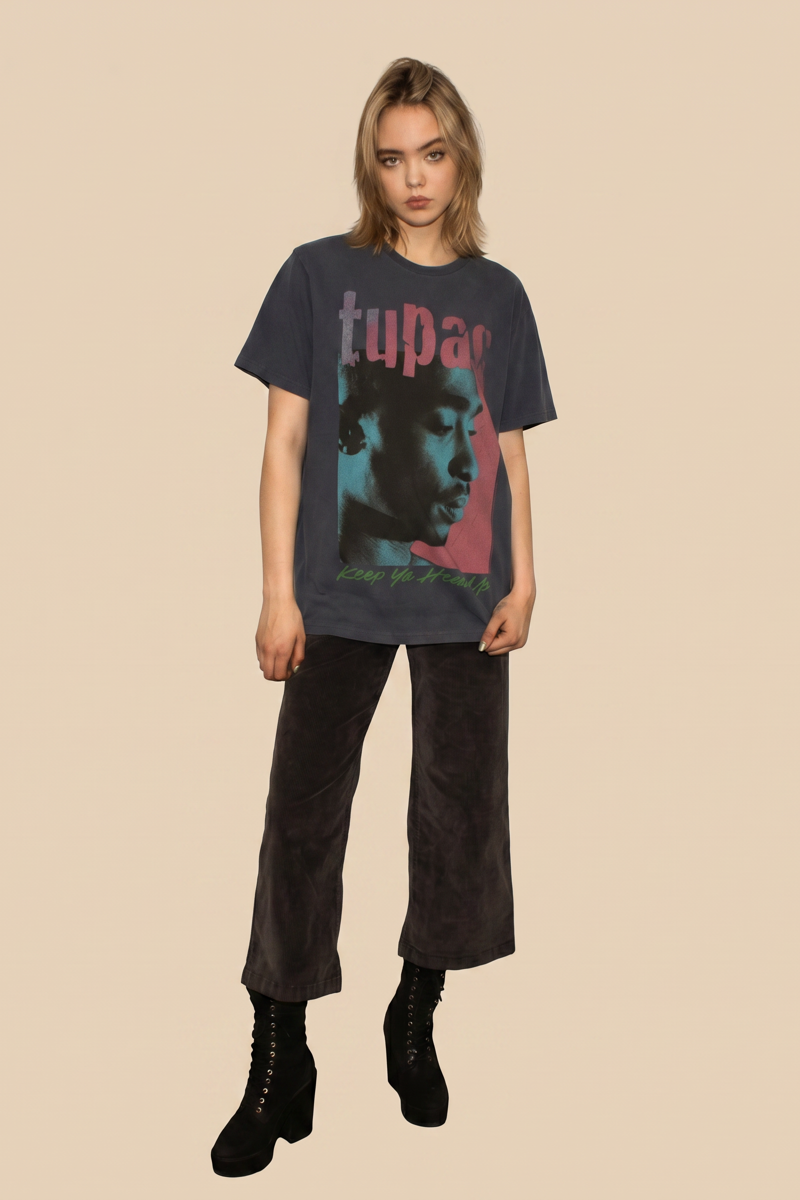 Tupac Keep Your Head Up Tee Womens T Shirt Navy Blue Officially Licensed