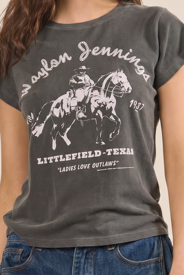 Waylon Jennings Fitted Baby Tee Womens T Shirt Charcoal Grey Officially Licensed