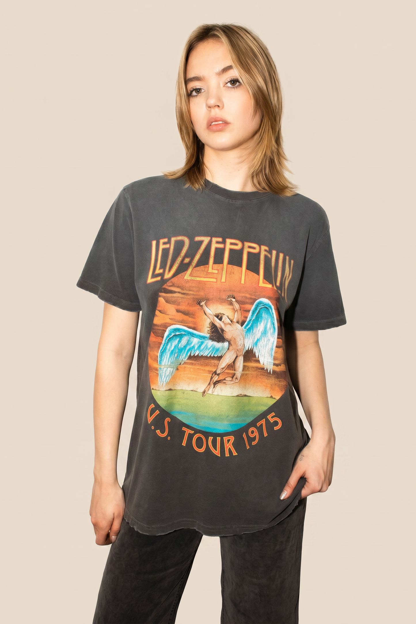 Led Zeppelin U.S Tour 1975 Sunkissed Tee Womens T Shirt Grey Officially Licensed