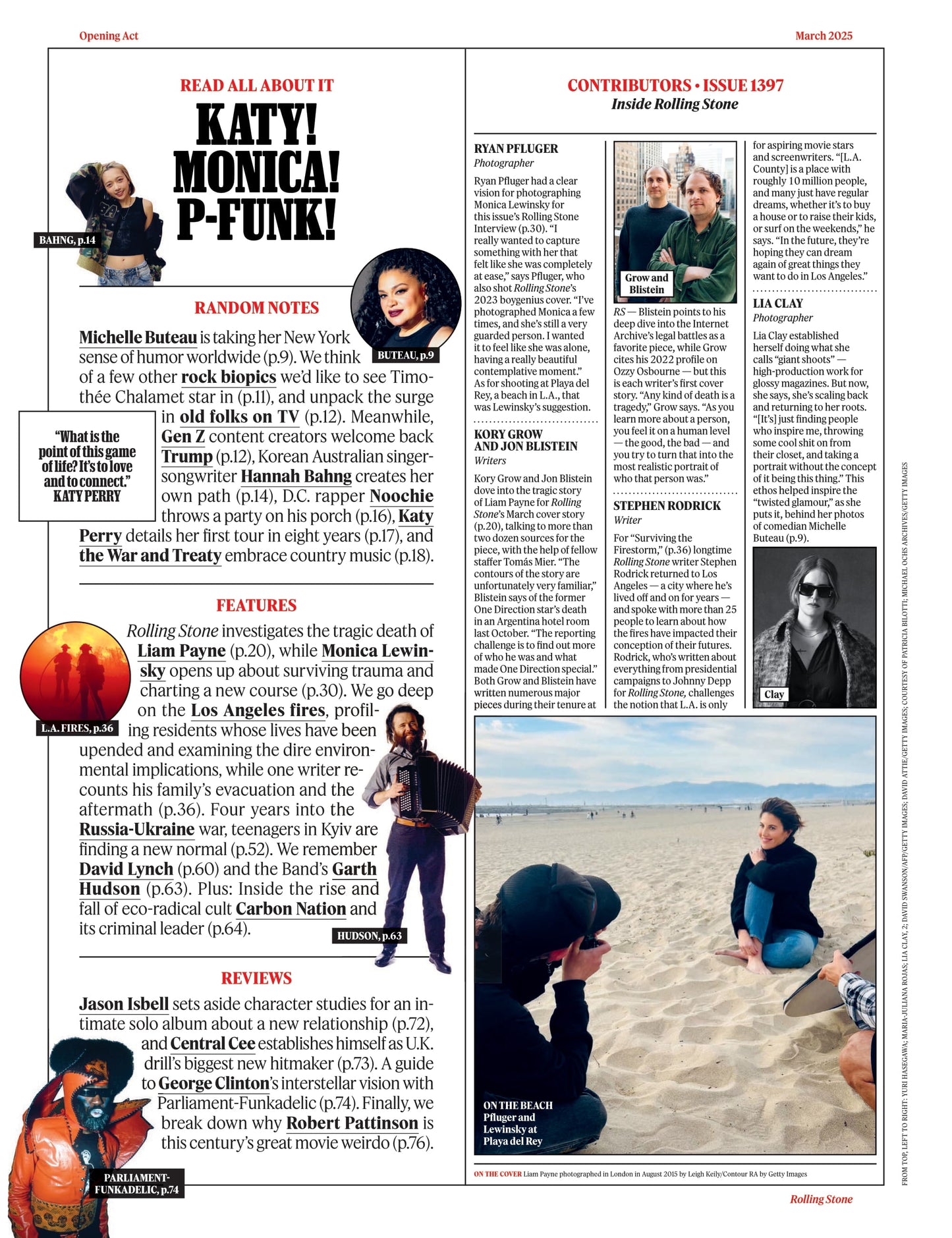 Rolling Stone - March 2025: The Tragedy Of Liam Payne, Los Angeles Surviving The Inferno, Monica Lewinsky Interview, Marianne Faithfull, Michelle Buteau's Comedy, Hannah Bahng & More!