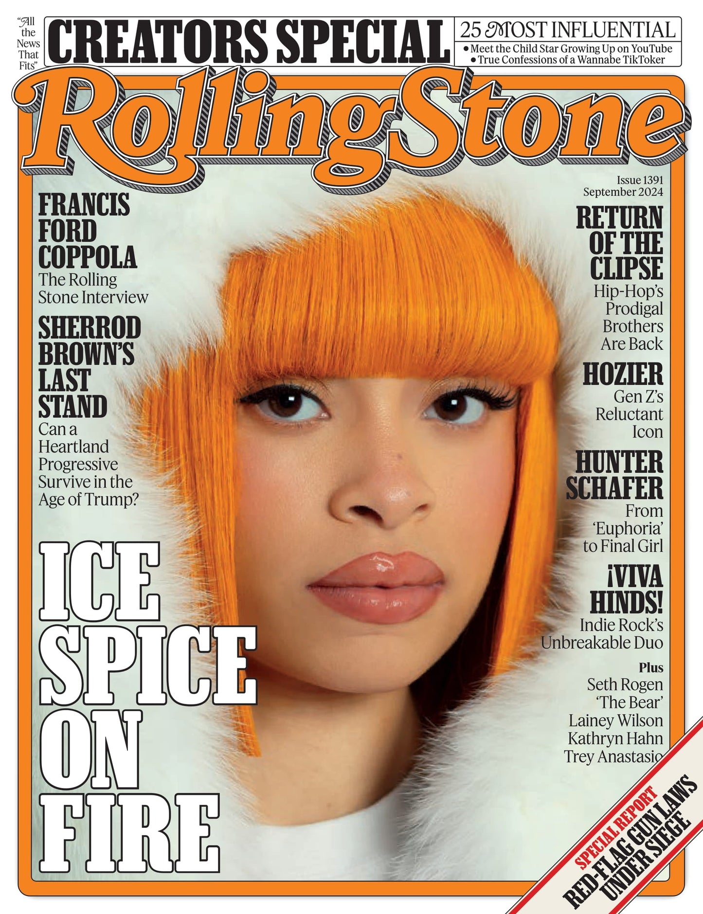 Rolling Stone - September 2024: Ice Spice On Fire, Francis Ford Coppola Interview, Sherrod Brown's Last Stand, Hozier, Hunter Schaefer From Euphoria To Final Girl & 25 Most Influential Creators 2024!