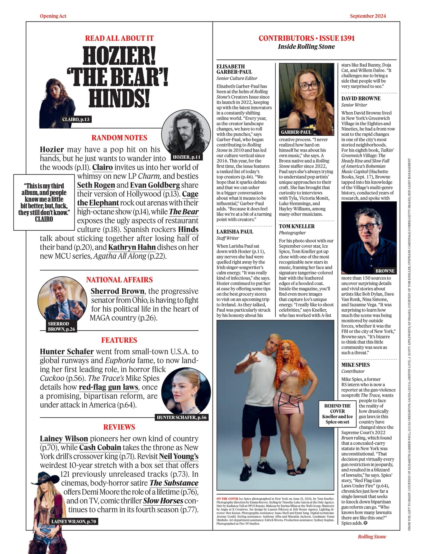 Rolling Stone - September 2024: Ice Spice On Fire, Francis Ford Coppola Interview, Sherrod Brown's Last Stand, Hozier, Hunter Schaefer From Euphoria To Final Girl & 25 Most Influential Creators 2024!