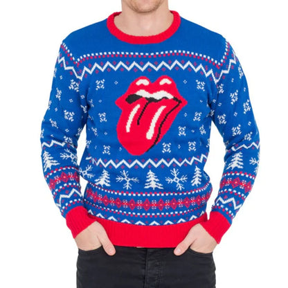 Rolling Stones Lips Logo Adult Unisex Blue Ugly Christmas Sweater