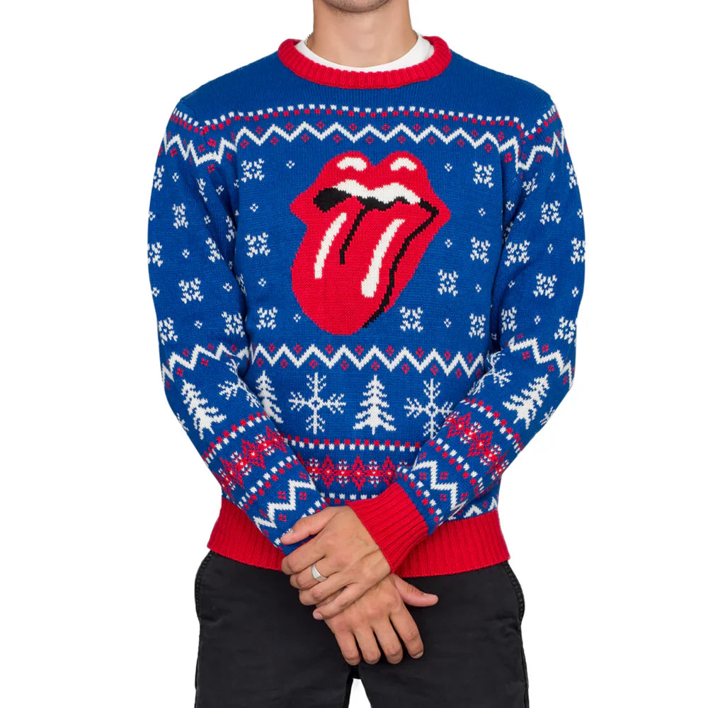 Rolling Stones Lips Logo Adult Unisex Blue Ugly Christmas Sweater