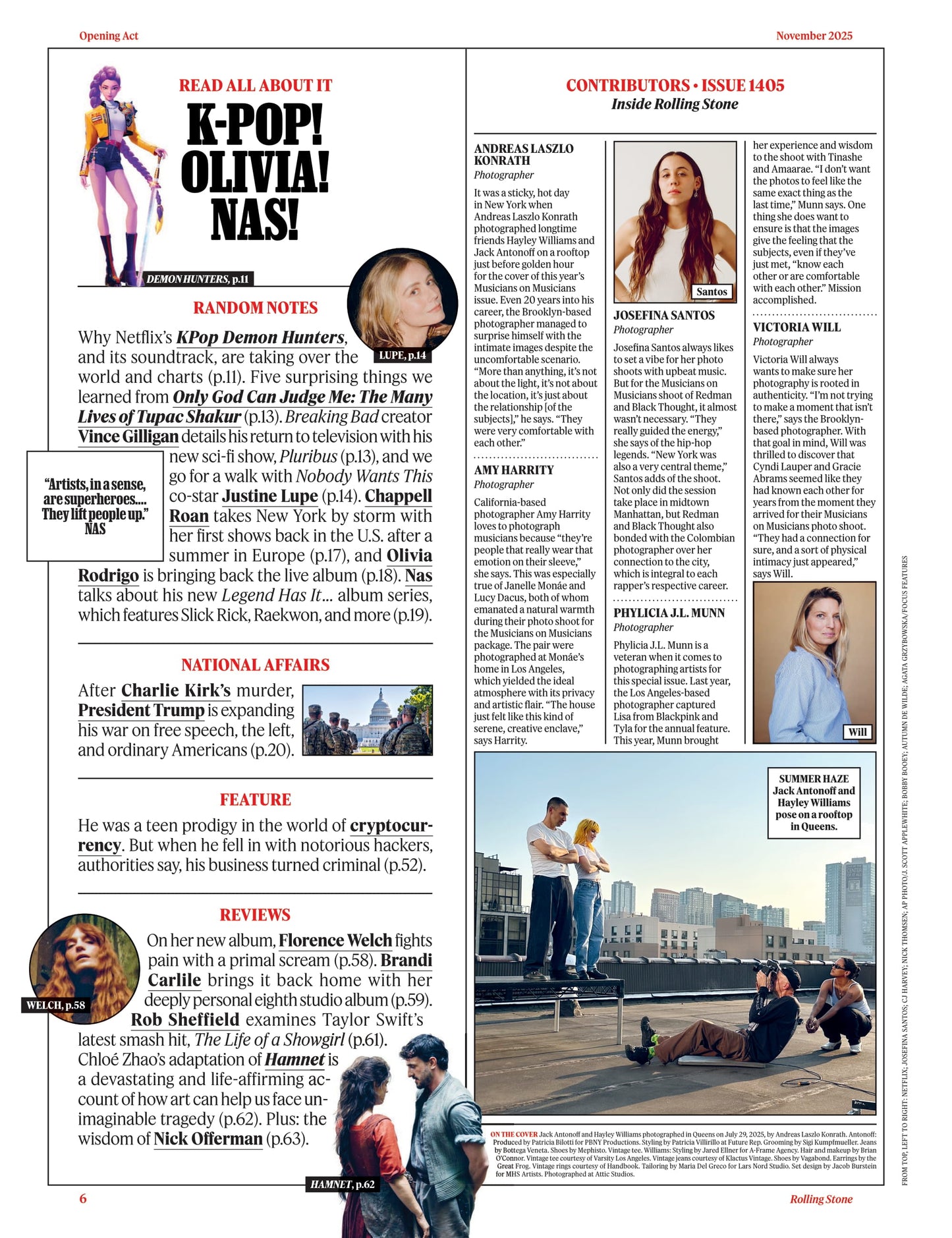 Rolling Stone - November 2025: Musicians On Musicians 2025, Jack Antonoff & Hayley Williams, Gracie Abrams & Cyndi Lauper, Inside The Wild World Of K-Pop Demon Hunters, Trump's New Crackdown & More!