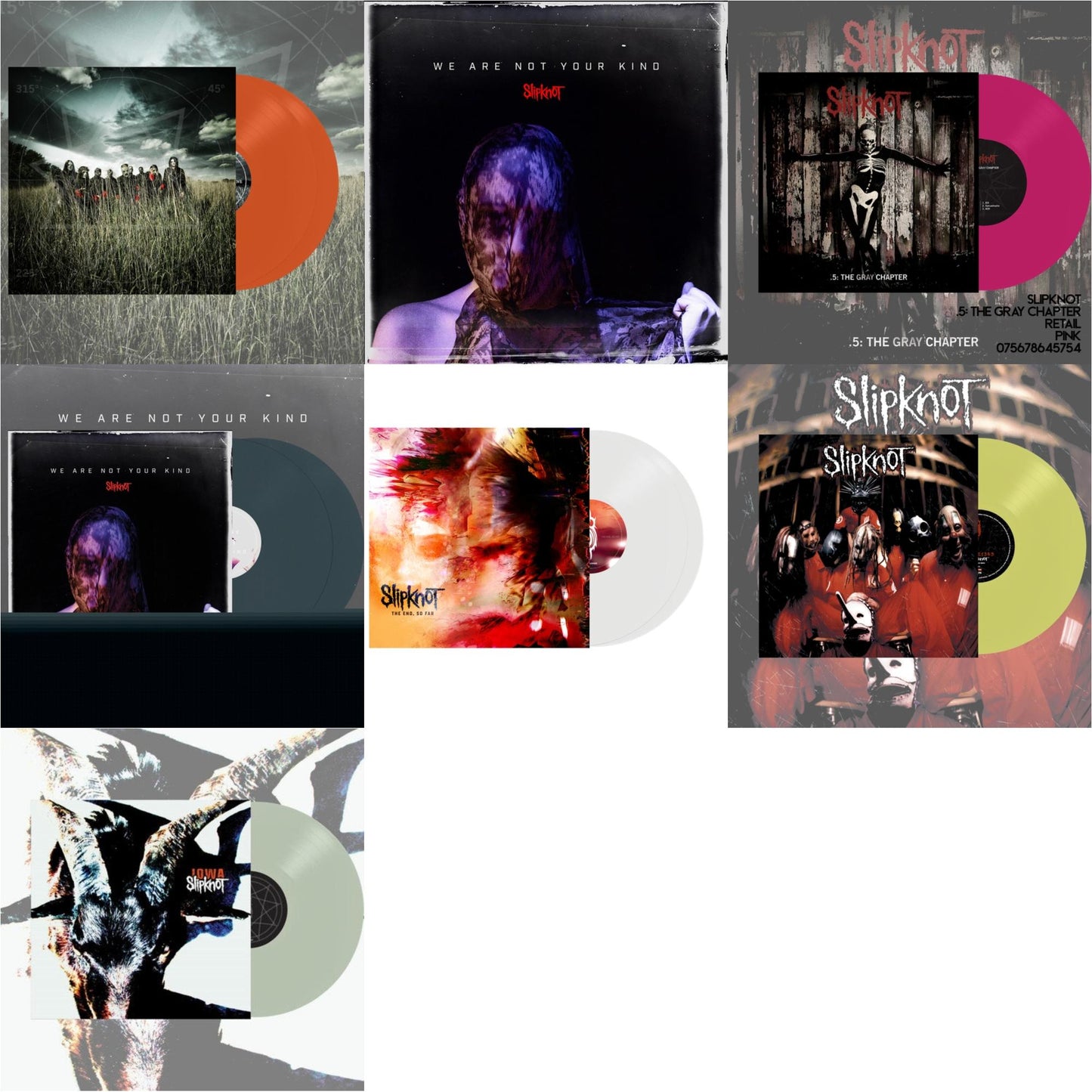 Slipknot - All Hope Is Gone (Orange Vinyl/2LP) & We Are Not Your Kind (Dl Card) & .5: The Gray Chapter (X) (Pink Vinyl/2LP) & We Are Not Your Kind (2LP/Light Blue Vinyl) & End, So Far (Clear Vinyl/2LP) & Slipknot (Lemon LP Vinyl) & Iowa (X)