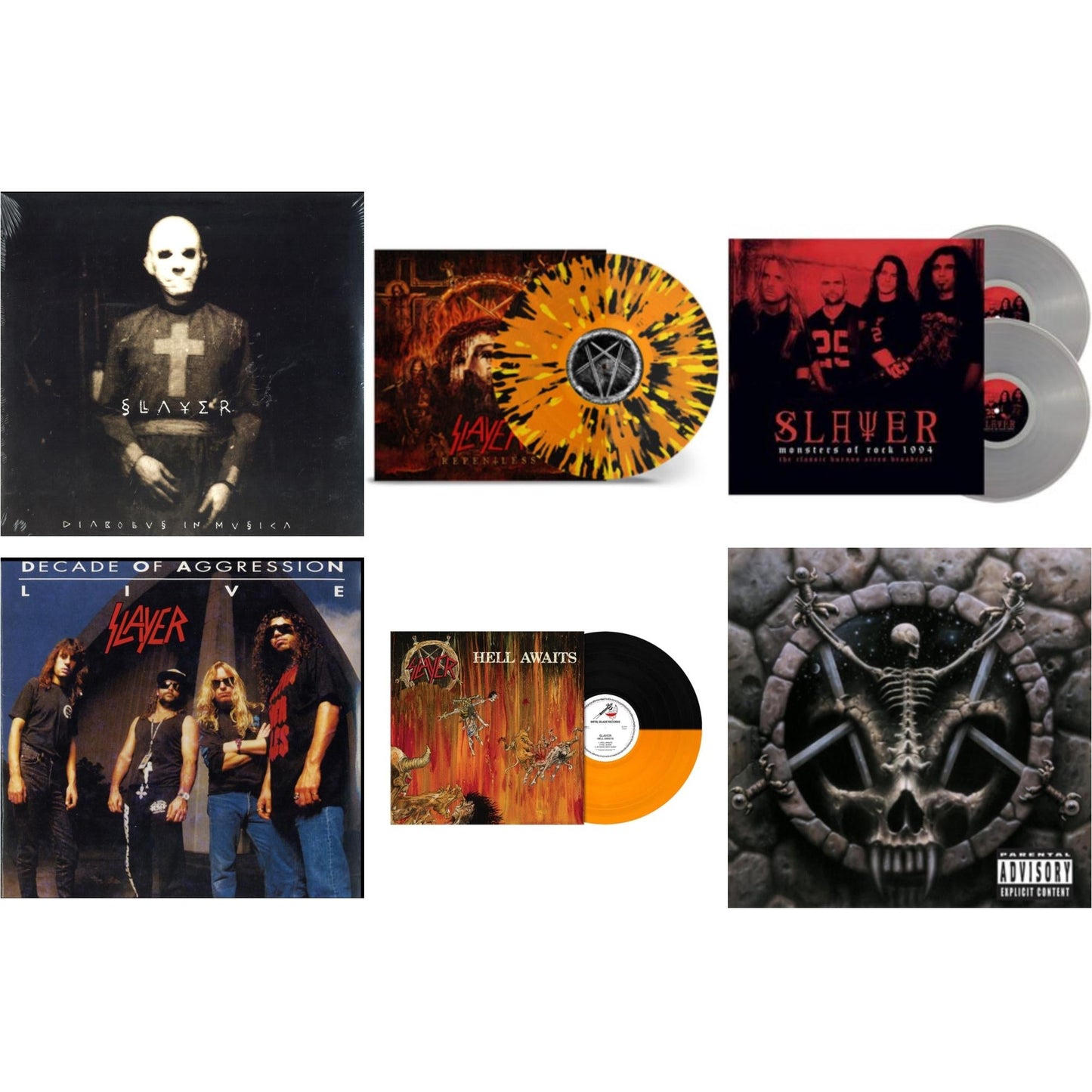 Slayer - Hell Awaits (Transparent Orange & Black Split LP Vinyl) & Diabolus In Musica & Divine Intervention & Live: Decade Of Aggression & Repentless (Trans Orange Yellow Black Splatter LP Vinyl) & Monsters Of Rock 1994 (2LP/140G/Clear Vinyl)
