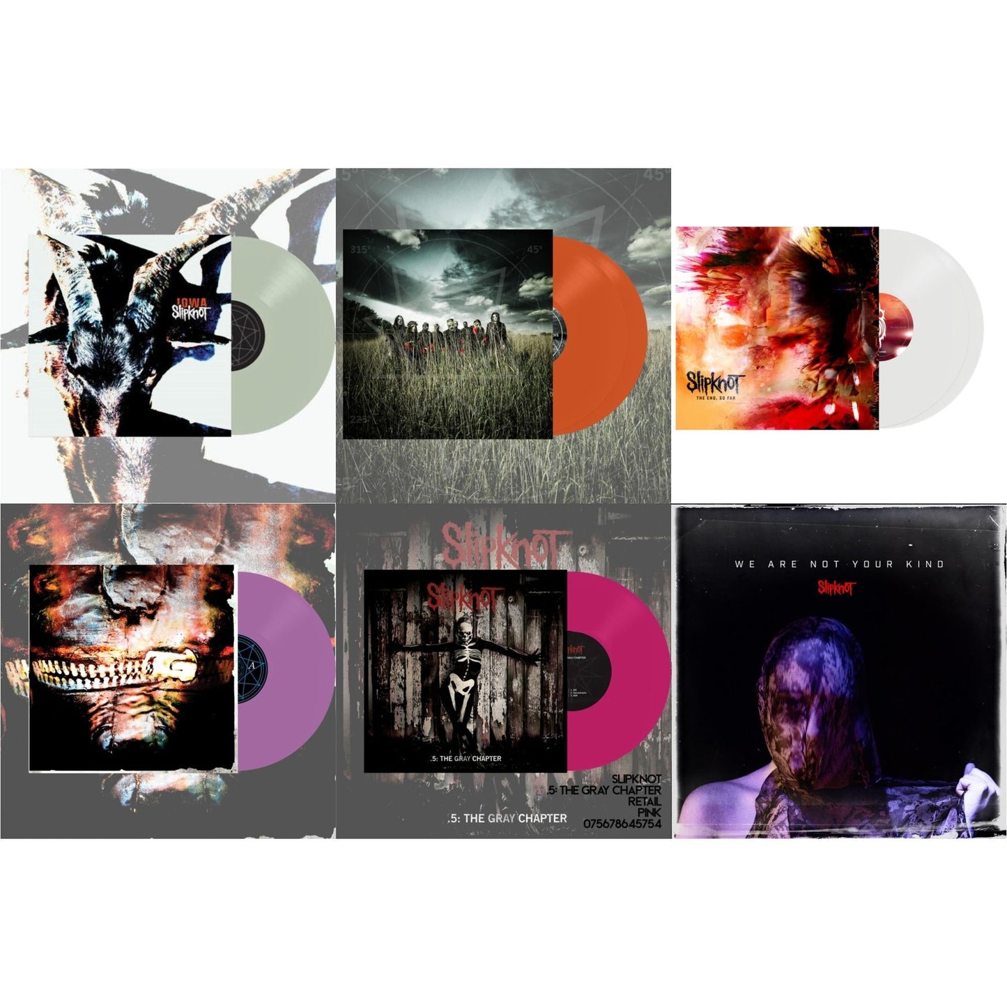 Slipknot - We Are Not Your Kind (Dl Card) & End, So Far (Clear Vinyl/2LP) & Iowa (X) (2LP/Color Vinyl) & Volume 3: The Subliminal Verses (X) (Violet Vinyl/2LP) & All Hope Is Gone (Orange Vinyl/2LP) & .5: The Gray Chapter (X) (Pink Vinyl/2LP)