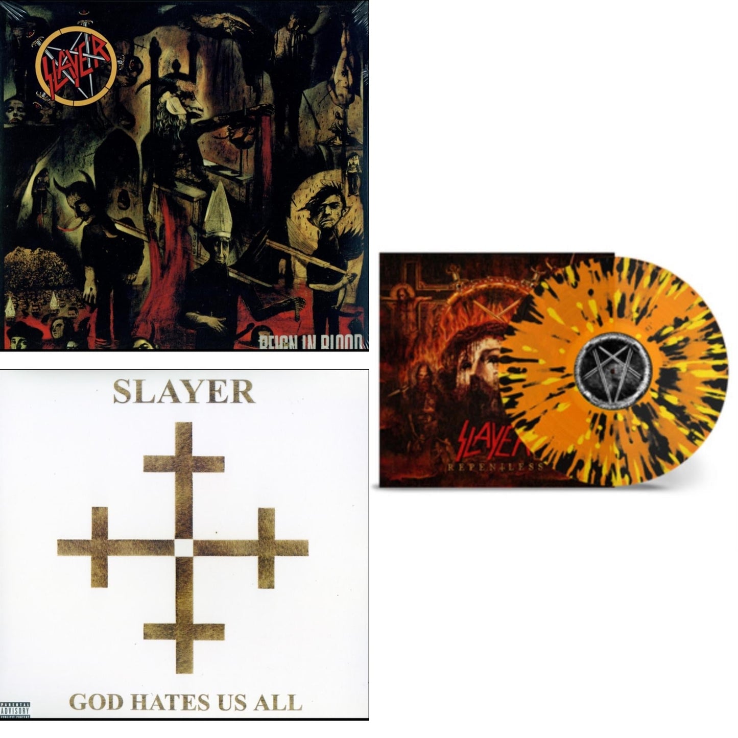 Slayer - God Hates Us All & Reign In Blood & Repentless (Trans Orange Yellow Black Splatter LP Vinyl)