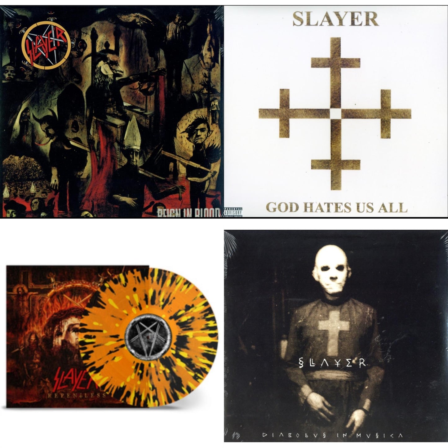Slayer - Diabolus In Musica & God Hates Us All & Reign In Blood & Repentless (Trans Orange Yellow Black Splatter LP Vinyl)