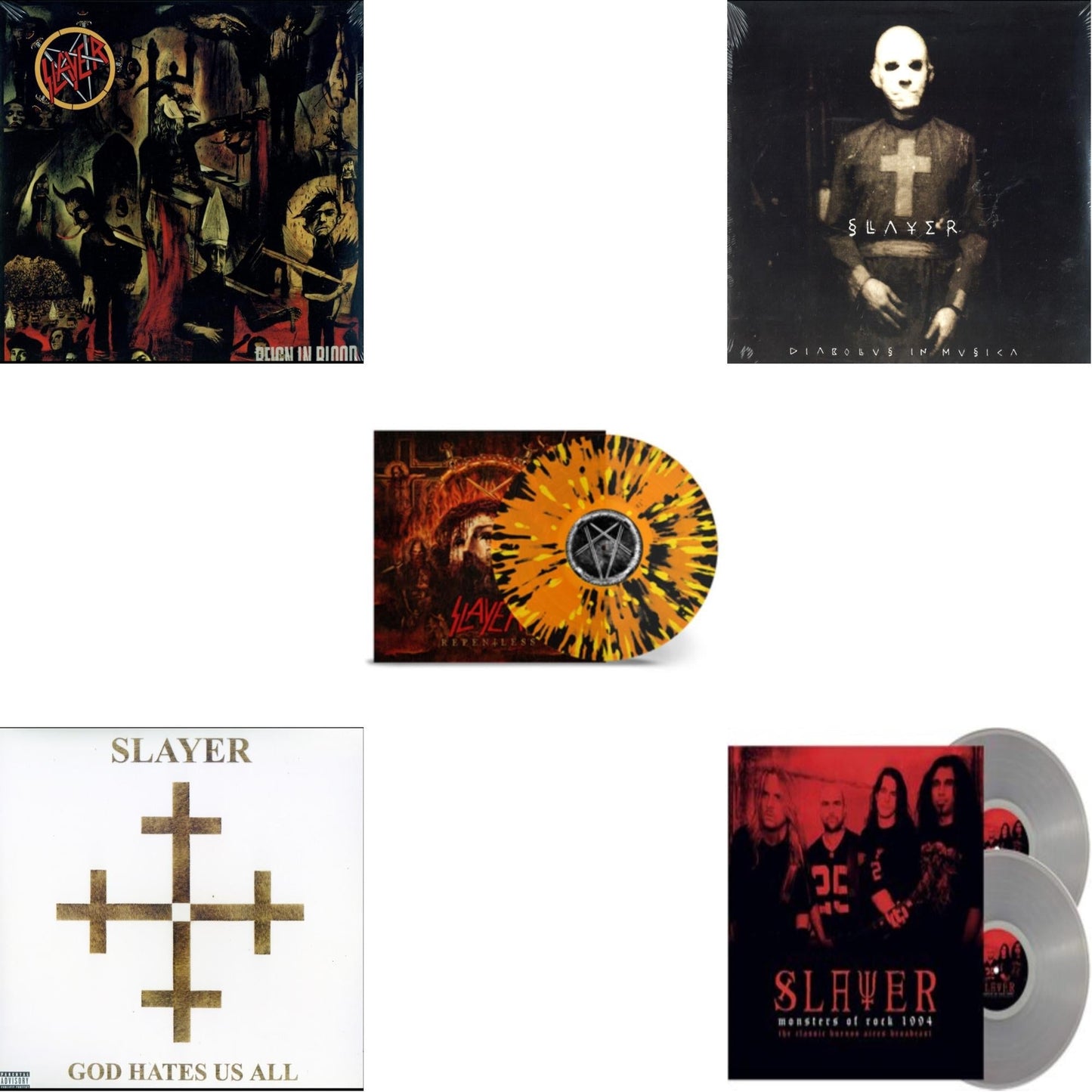 Slayer - Diabolus In Musica & God Hates Us All & Reign In Blood & Repentless (Trans Orange Yellow Black Splatter LP Vinyl) & Monsters Of Rock 1994 (2LP/140G/Clear Vinyl)