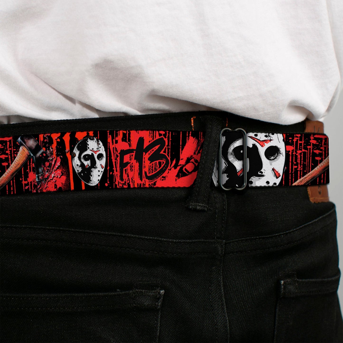 Friday Yhe 13th Jason Mask Blood Splatter Seatbelt Belt