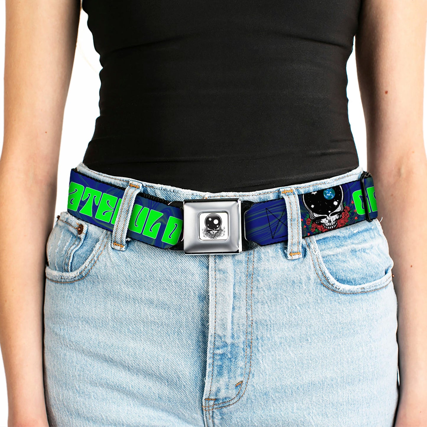 Grateful Dead Space Your Face Silver Black Seatbelt Belt