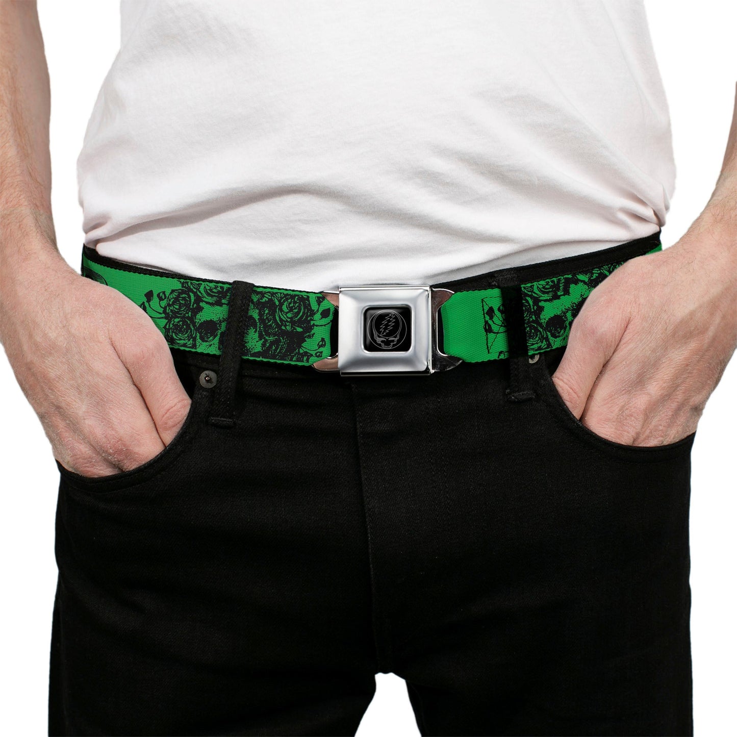 Grateful Dead Text With Skull and Roses Green Seatbelt Belt