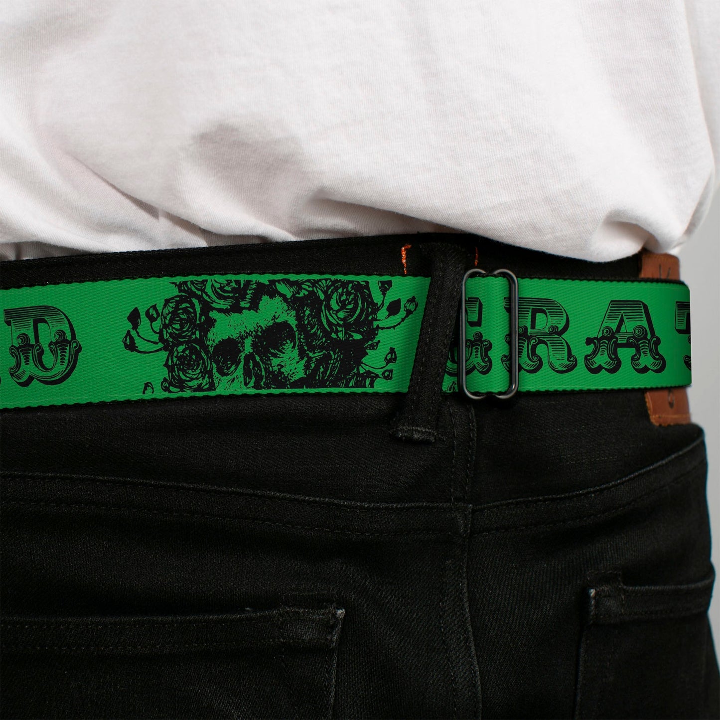 Grateful Dead Text With Skull and Roses Green Seatbelt Belt
