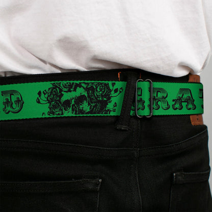 Grateful Dead Text With Skull and Roses Green Seatbelt Belt
