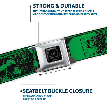 Grateful Dead Text With Skull and Roses Green Seatbelt Belt