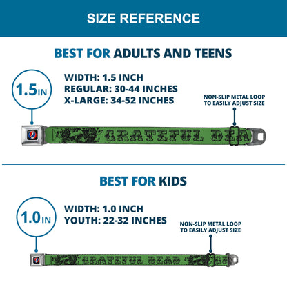 Grateful Dead Text With Skull and Roses Green Seatbelt Belt