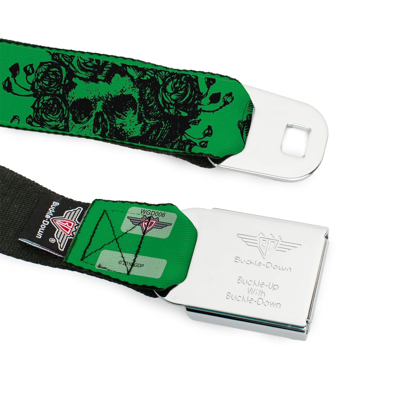 Grateful Dead Text With Skull and Roses Green Seatbelt Belt