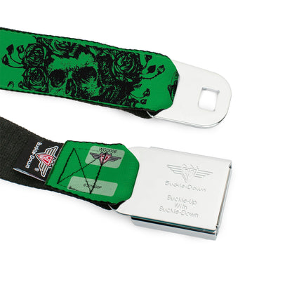Grateful Dead Text With Skull and Roses Green Seatbelt Belt