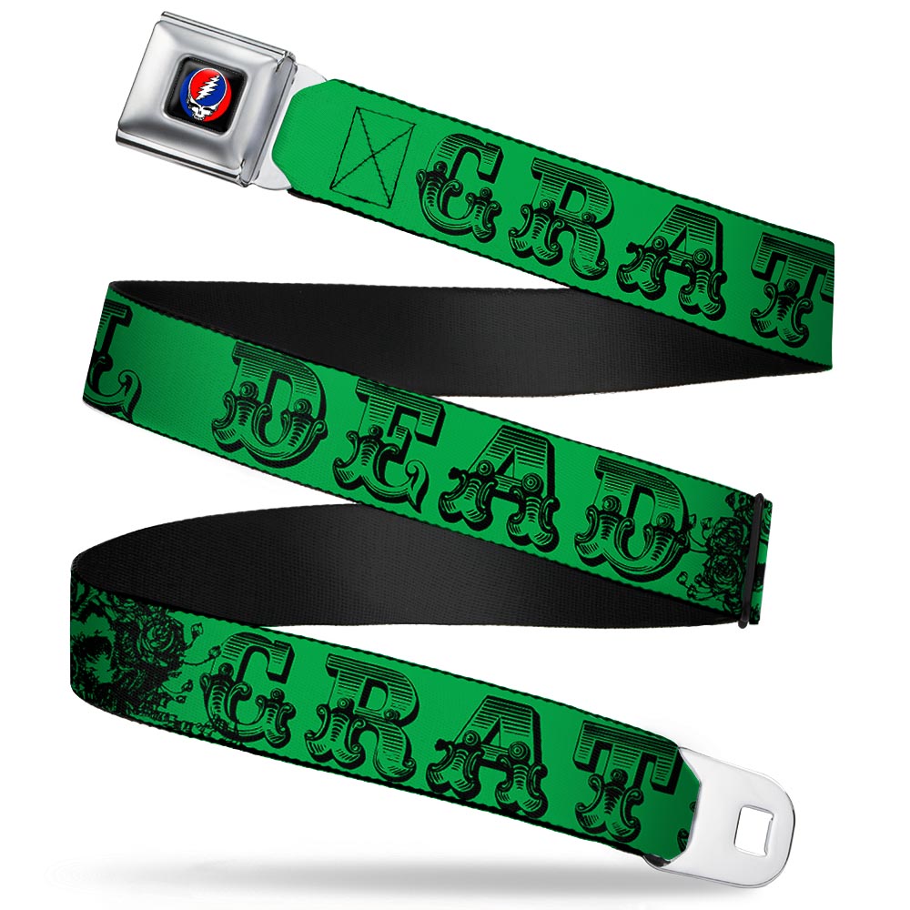 Grateful Dead Text With Skull and Roses Green Seatbelt Belt