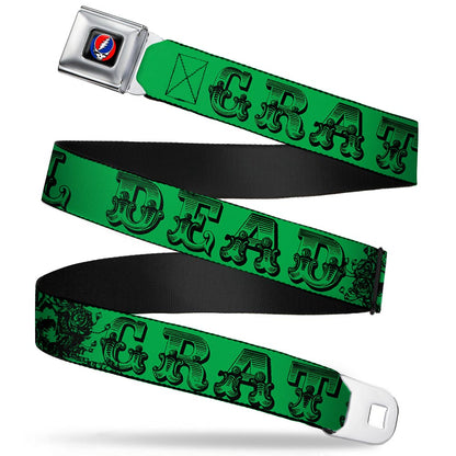 Grateful Dead Text With Skull and Roses Green Seatbelt Belt