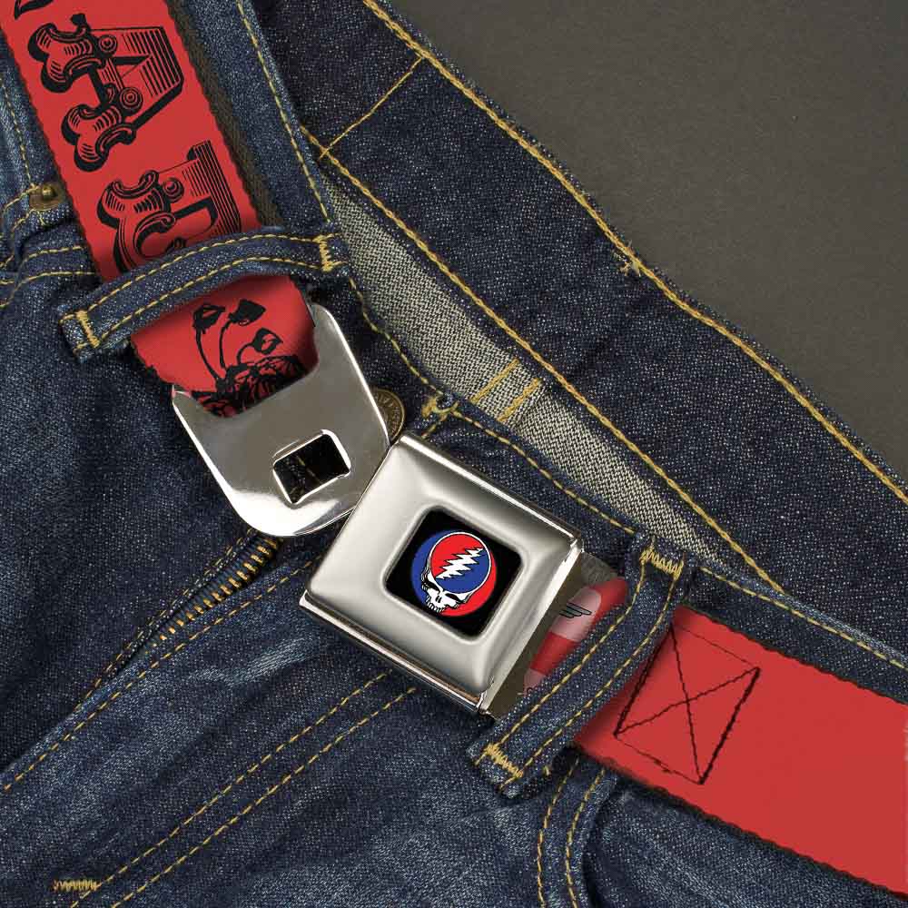 Grateful Dead Text With Skull and Roses Red Belt