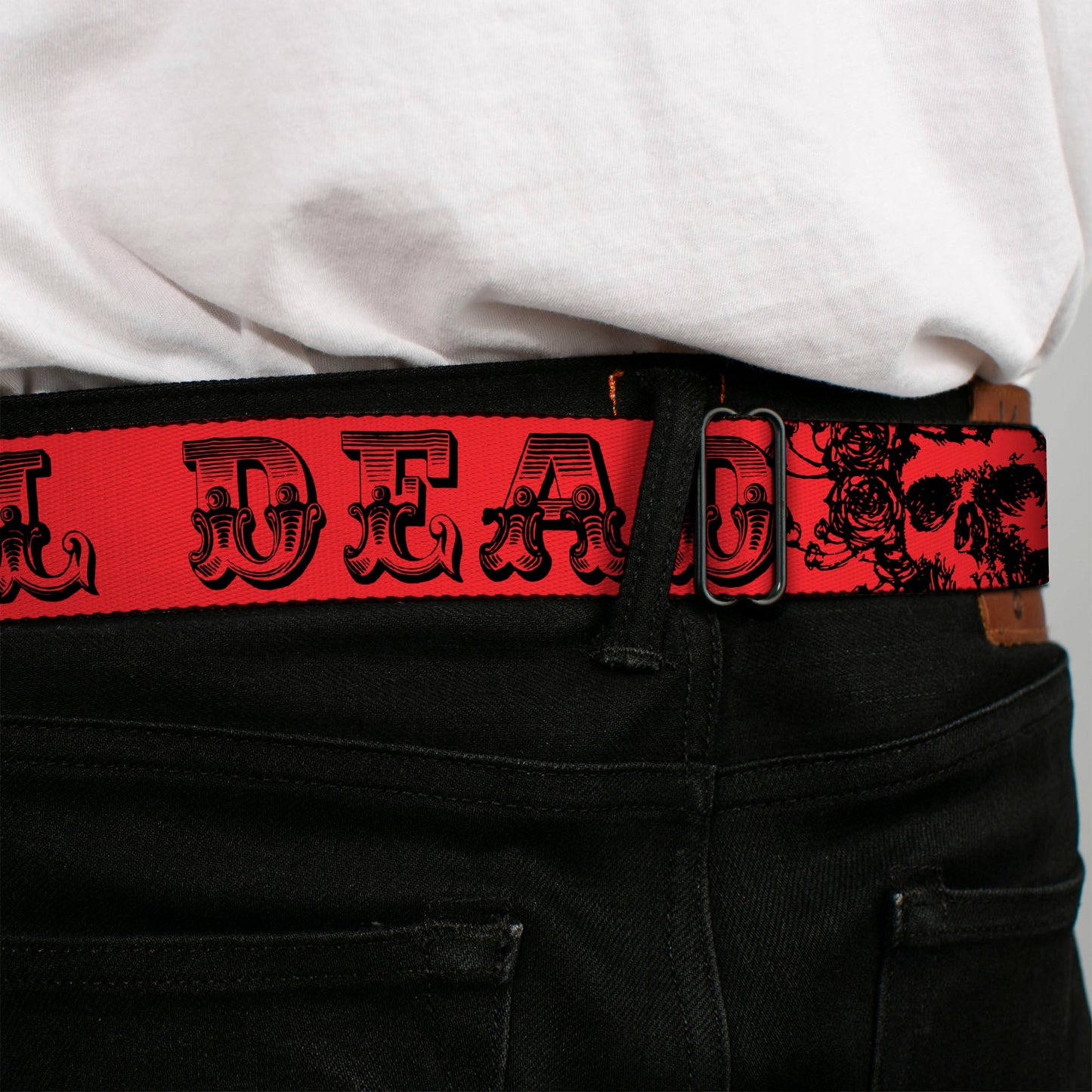 Grateful Dead Text With Skull and Roses Red Belt