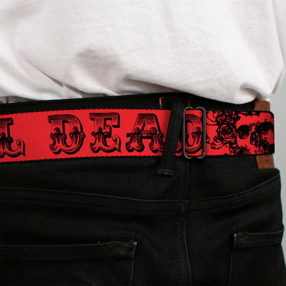 Grateful Dead Text With Skull and Roses Red Belt