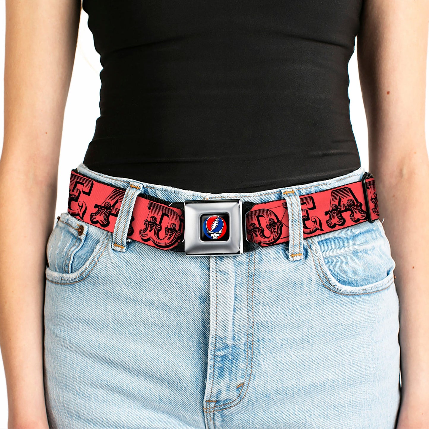 Grateful Dead Text With Skull and Roses Red Belt
